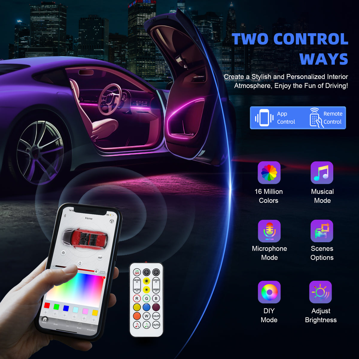 RGB Ambient Car Light Kit – 64 Colors Interior LED (6/10/18-in-1)