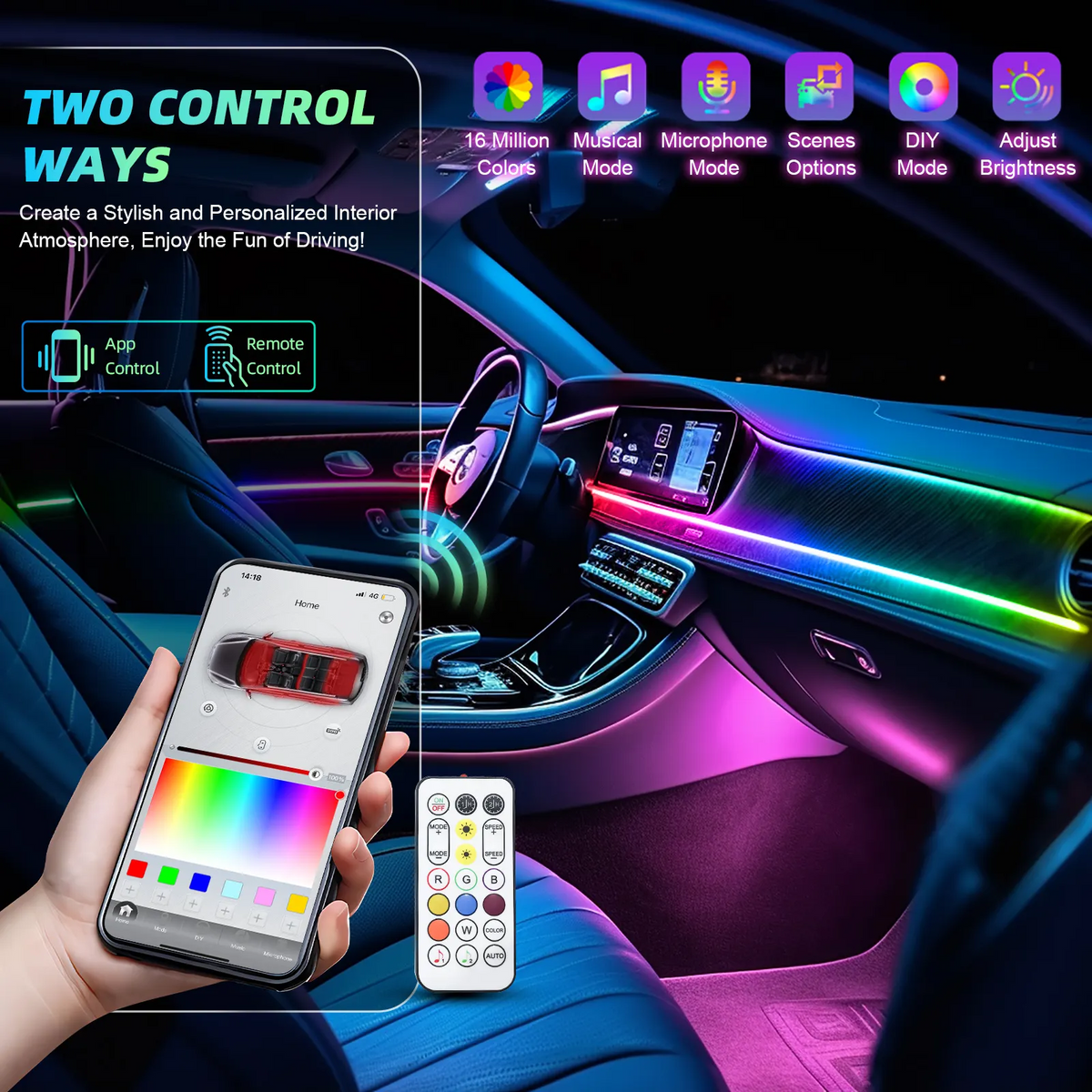 RGB Ambient Car Light Kit – 64 Colors Interior LED (6/10/18-in-1)